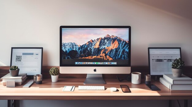 Foto uma foto com um espaço de trabalho minimalista com um computador de mesa e configuração de vários monitores