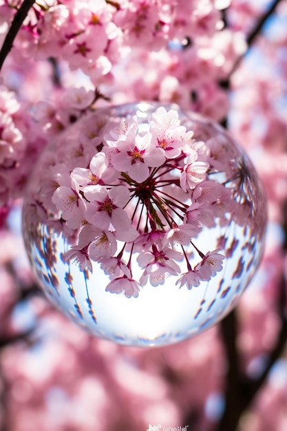 Uma foto criativa de flores de cerejeira através da lente de uma bola de cristal