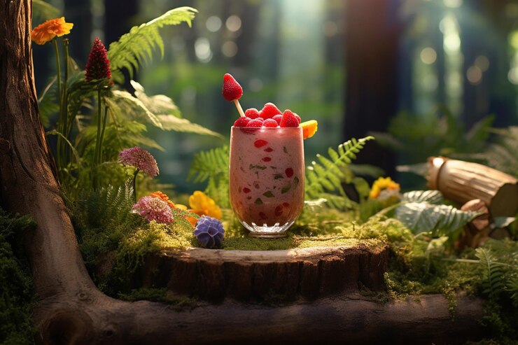 Foto uma foto criativa do copo de smoothie colocado entre uma pilha de morangos frescos e bananas
