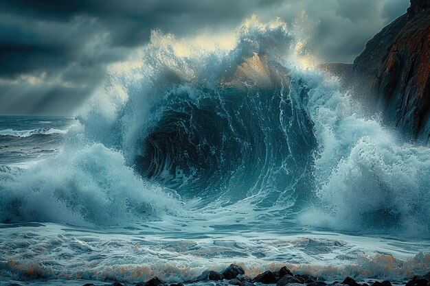 Uma foto criativa e artística de uma onda batendo em uma costa rochosa