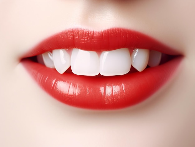 Uma foto da boca de uma mulher com batom vermelho