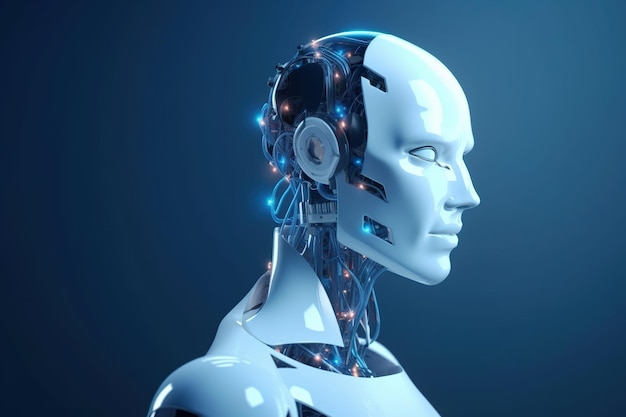 Uma foto da cabeça de parte robótica humana com luz na cabeça em fundo azul