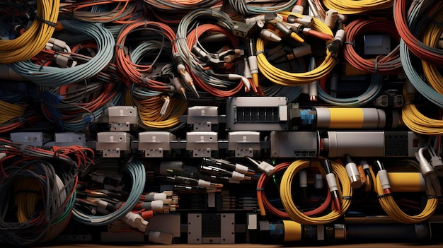 Uma foto da coleção de cabos e fios de um engenheiro de software