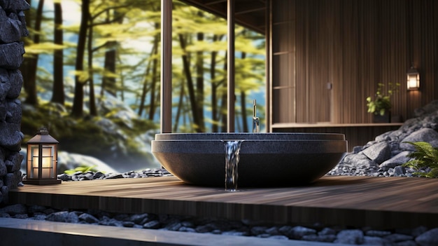 Uma foto da tranquila banheira de imersão japonesa de um spa
