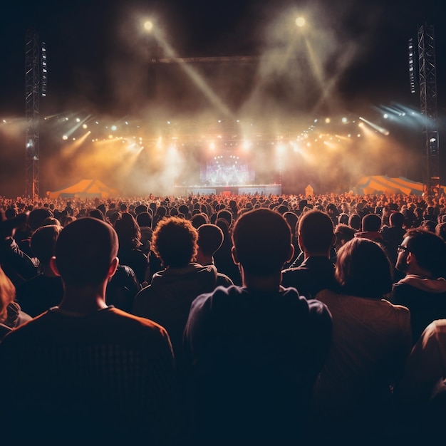 uma foto da vista traseira do público com os braços levantados na frente do palco em um concerto de música