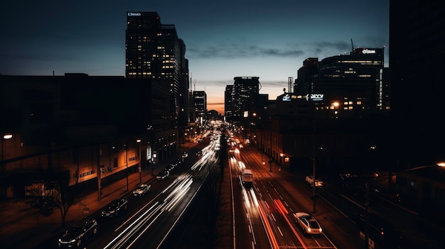 Uma foto das luzes da cidade ao anoitecer