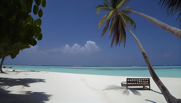 Uma foto das maldivas com uma praia tropical e palmeira ai gerada