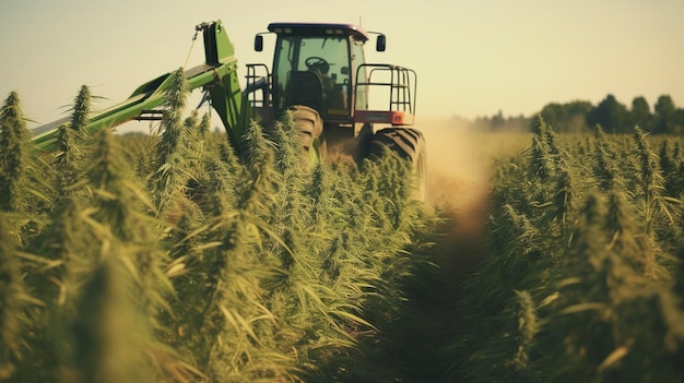 Uma foto de ação capturando o processo de colheita de plantas maduras de cânhamo