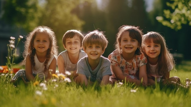 Uma foto de alta definição de um grupo de crianças bonitas sorrindo em um gramado ao sol 4k 8k 16k