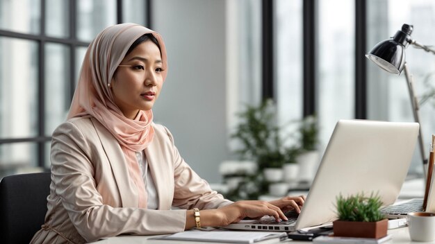 Uma foto de alta qualidade com uma empresária asiática usando um hijab imersa no trabalho em sua