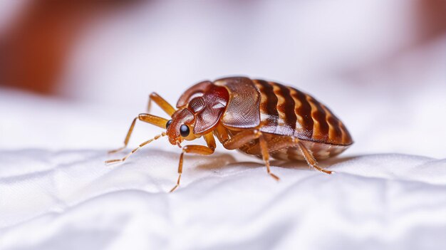 Uma foto de alta qualidade de um Cimex hemipterus ou percevejo em uma cama