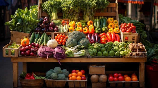 Uma foto de alta qualidade detalha a barraca do mercado do fazendeiro com produtos vibrantes