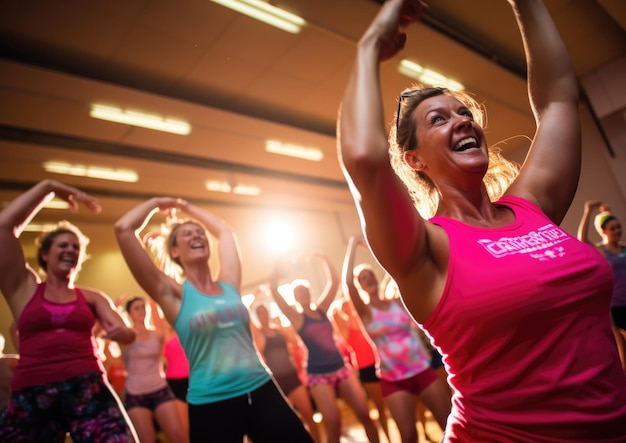 Foto uma foto de ângulo amplo de um ângulo baixo capturando toda a classe de zumba em ação a câmera está