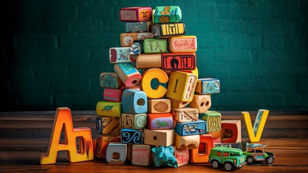 Uma foto de blocos de empilhamento de brinquedos habilidosos com letras do alfabeto