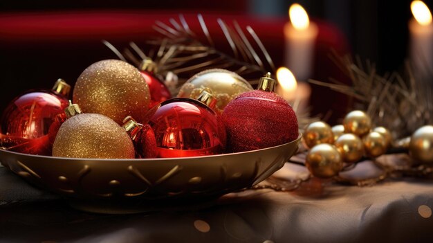 Foto uma foto de bolas de natal vermelhas e douradas em uma tigela decorativa à luz de uma vela macia