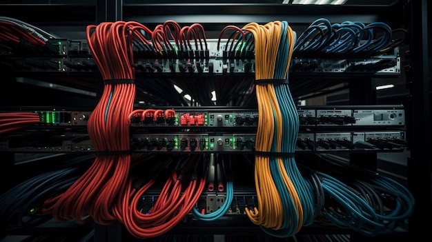 Uma foto de cabos elétricos bem organizados em uma sala de controle