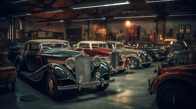 Foto uma foto de carros antigos clássicos em uma garagem