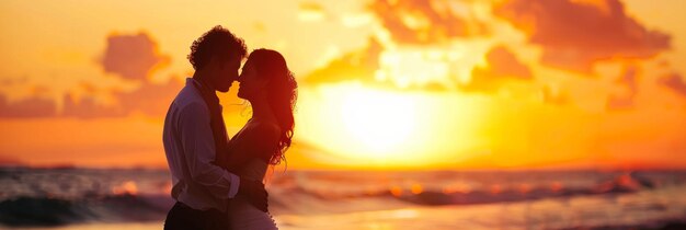 Foto uma foto de casamento ao pôr-do-sol na praia com um casal latino uma bela cena de amor e