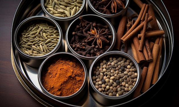 Uma foto de cima de várias especiarias e condimentos indianos em uma tigela de matriz