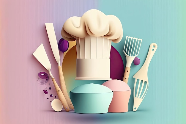 Uma foto de cima para baixo de um chapéu de chef e vários utensílios de cozinha, como copos medidores e colheres, em um fundo de cor pastel Gerado por IA