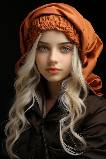 Uma foto de close-up de uma garotinha com cabelo branco e tranças marrons vestindo uma laranja brilhante