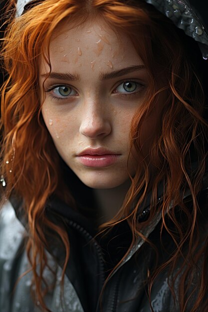 Uma foto de close-up de uma jovem com poses de cabelo vermelho para uma fotografia