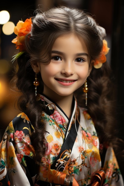 Uma foto de close-up de uma jovem vestindo traje tradicional japonês e sorrindo