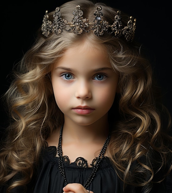 Uma foto de close-up de uma menina pequena na coroa de balanço de camisa preta e um suéter branco