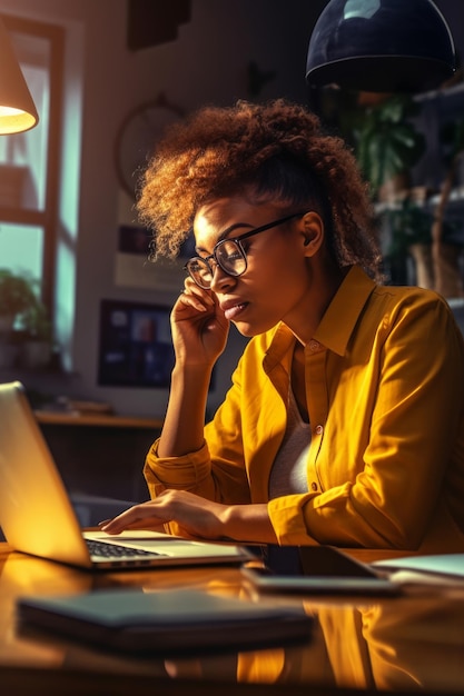 Uma foto de close-up de uma mulher de negócios inteligente falando usando telefone e laptop