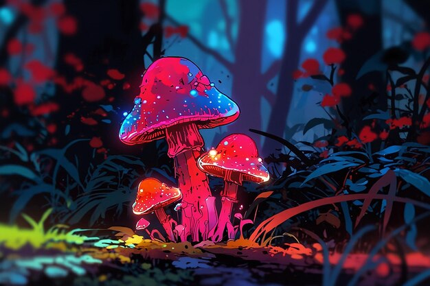 Uma foto de cogumelos amanita muscaria em estilo néon