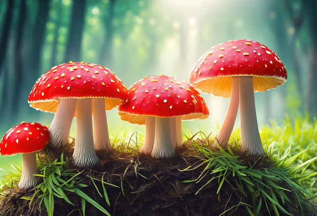 Uma foto de cogumelos com um fundo verde
