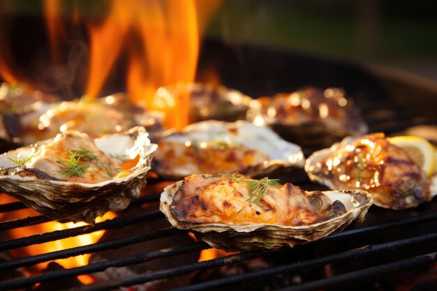 Uma foto de comida tentadora mostrando um prato de ostras grelhadas estas belezas carbonizadas ainda ardentes estão adornadas com um aroma de fumaça as conchas douradas oferecem uma prévia da oferta