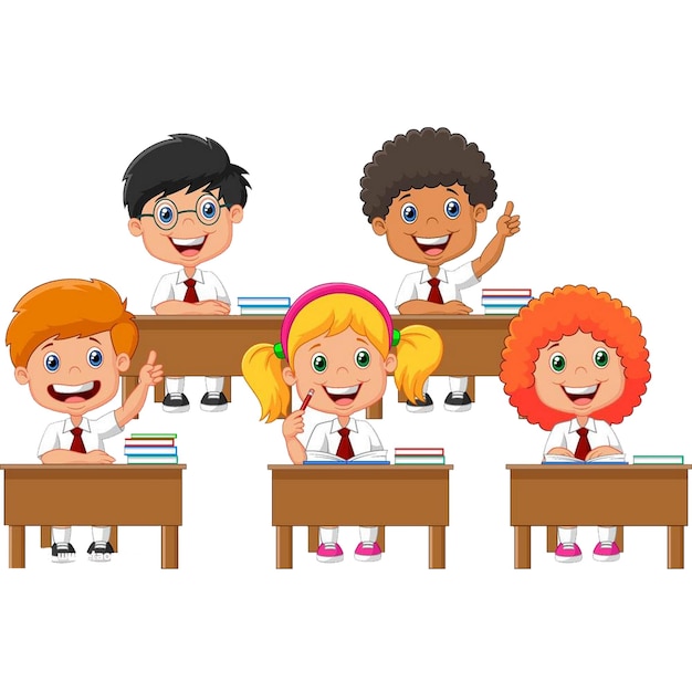 uma foto de crianças em uniformes escolares com as palavras "escola" na parte inferior