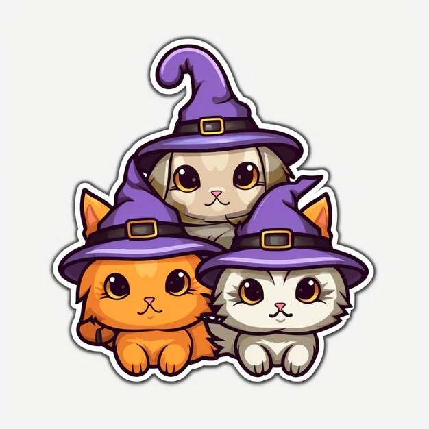 uma foto de dois gatos, um deles usando um chapéu de bruxa.