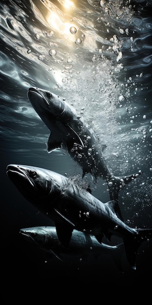 Foto uma foto de dois golfinhos na água com as palavras tubarão e tubarão