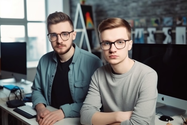 Uma foto de dois homens com óculos e cabelo curto.