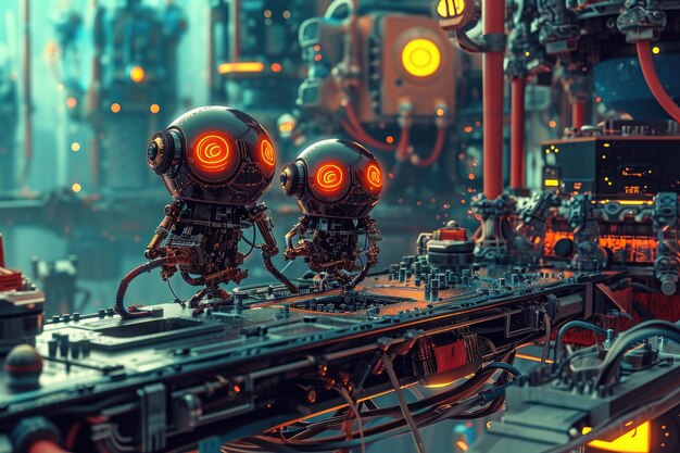 Uma foto de dois robôs parados em uma sala Uma cena de fantasia de nanorrobôs consertando hardware quebrado Gerado por IA