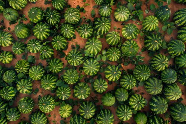 Foto uma foto de drone de um campo de melões. os melões verdes destacam-se contra o solo castanho.