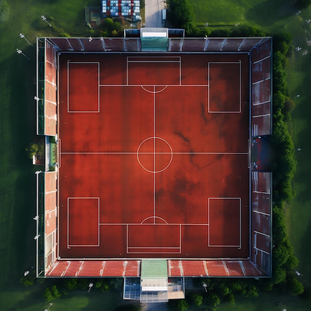Uma foto de drone no céu de um campo de futebol perfeitamente simétrico recém-pintado e à espera de