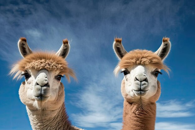 Uma foto de duas alpacas na frente de um céu azul Camelid da América do Sul