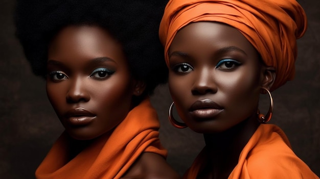 Uma foto de duas mulheres negras com olhos azuis brilhantes e um lenço laranja brilhante