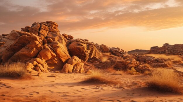 Foto uma foto de dunas de areia com um afloramento rochoso brilho dourado do pôr-do-sol