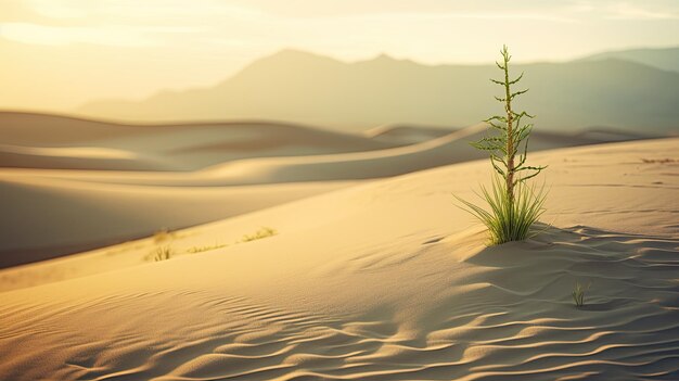 Uma foto de dunas de areia com uma luz suave da noite de um cacto solitário