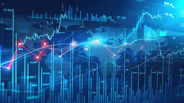 Uma foto de estoque para design com um fundo branco com um gráfico financeiro abstrato O gráfico inclui um gráfico de linha de tendência ascendente e uma flecha indicando o crescimento no mercado de ações