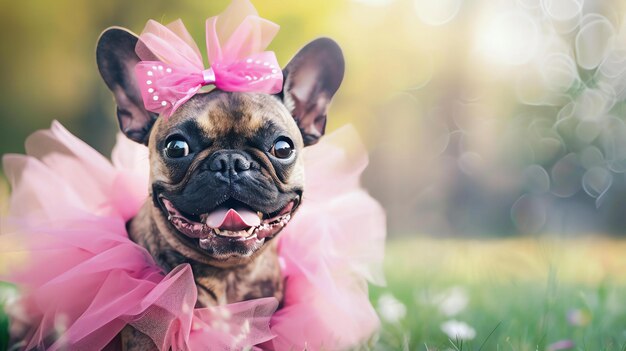 Foto uma foto de estúdio de um adorável bulldog francês usando um laço rosa e tutu