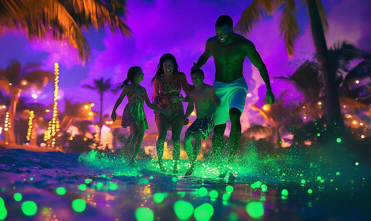 Foto uma foto de família hiperrealista com luz verde néon