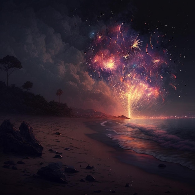 Uma foto de fogos de artifício que está em uma praia