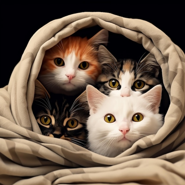 Uma foto de gatos aconchegados em um cobertor aconchegante