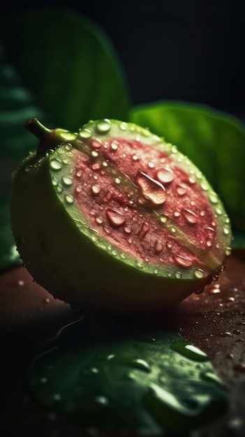 uma foto de goiaba cercada por gotas de água da chuva