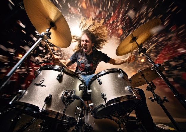 Foto uma foto de grande angular de um baterista em ação tirada de um ângulo baixo para enfatizar seu poder e
